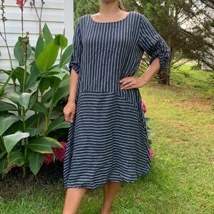 Linen nautical striped midi dress pockets Lagenlook‎ oversized beach hippie